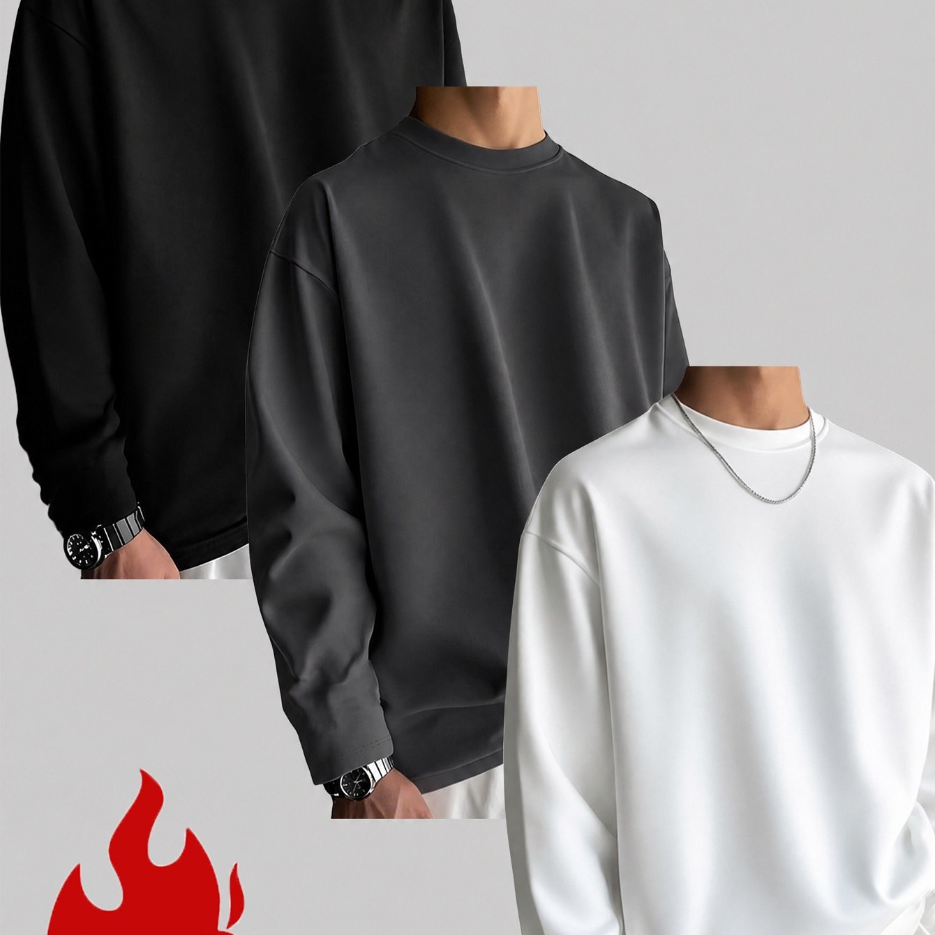 TEMU Men's Long Sleeve T-shirt - 3pcs Loose Round Neck Basic Long Sleeve Set, No Print For Versatile Styling, Relaxed Fit With High , Flexible Fabric