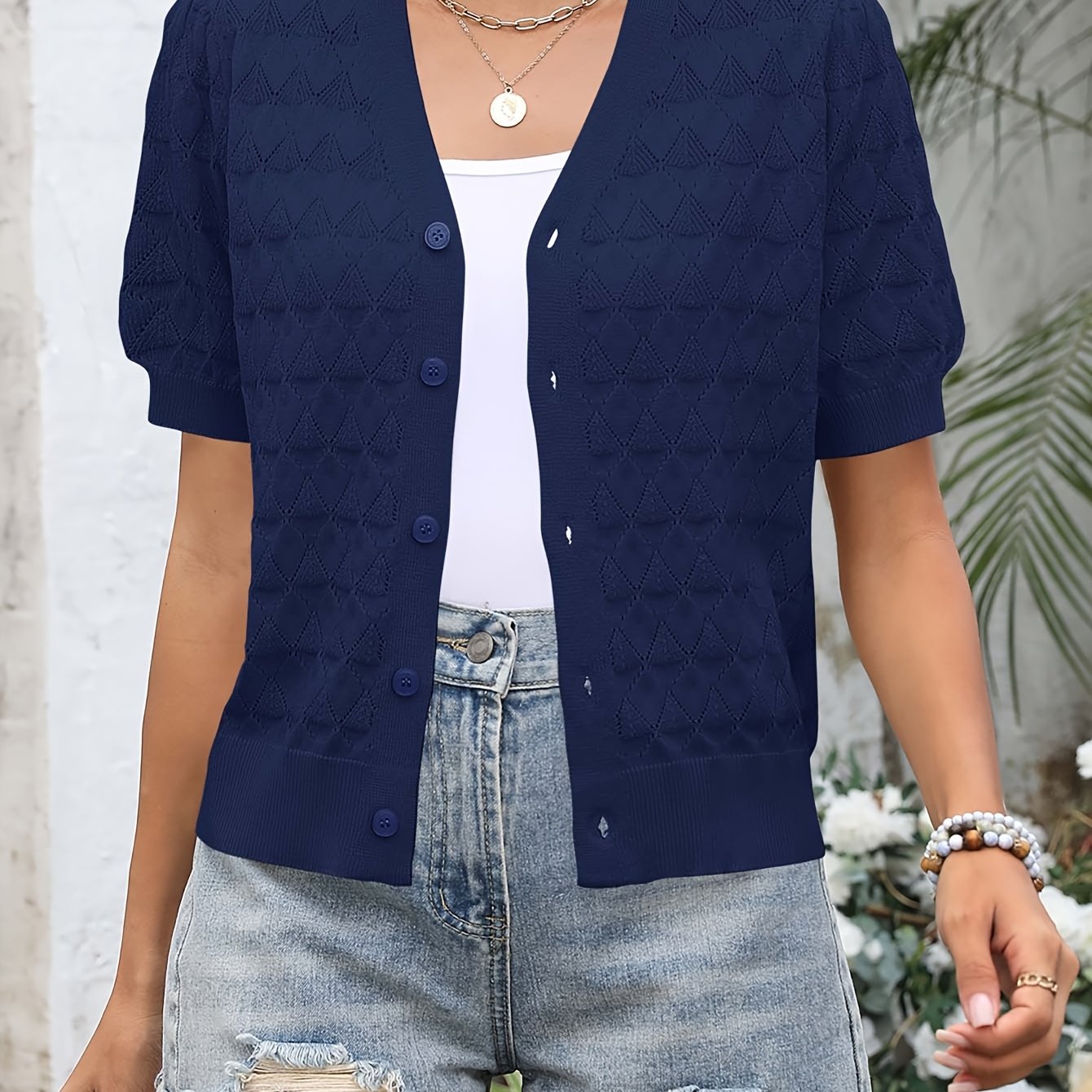 TEMU Lightweight Crocheted Short Cardigan For Women Featuring Puff Sleeves; A Breathable, Comfy, And Versatile For Spring And Summer