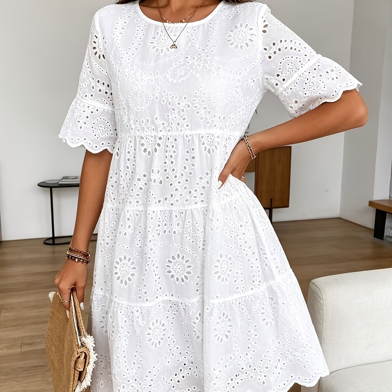 TEMU Robe Femme Couleur Unie Rose, Rond, Ourlet Volant, Robe Décontractée Printemps Été Plage