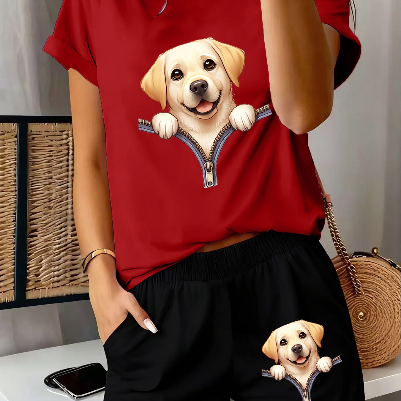 TEMU 2pcs Women's Spring Summer Short Sleeve Pajamas & Daywear Matching Shorts - Cute Labrador Dog Print Shorts With Zipper Pocket, Soft Breathable