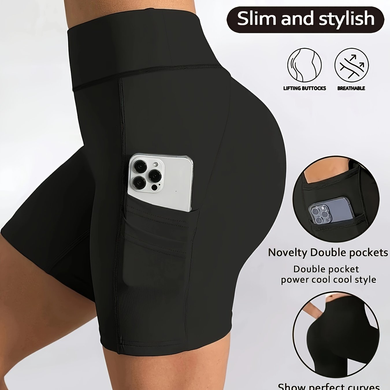 Image of Four-pocket Summer -piece Suit, High-waist Elastic Waist, Comfortable And Breathable, Outdoor , Cycling Fitness, Yoga , Fashion Solid Color Shorts