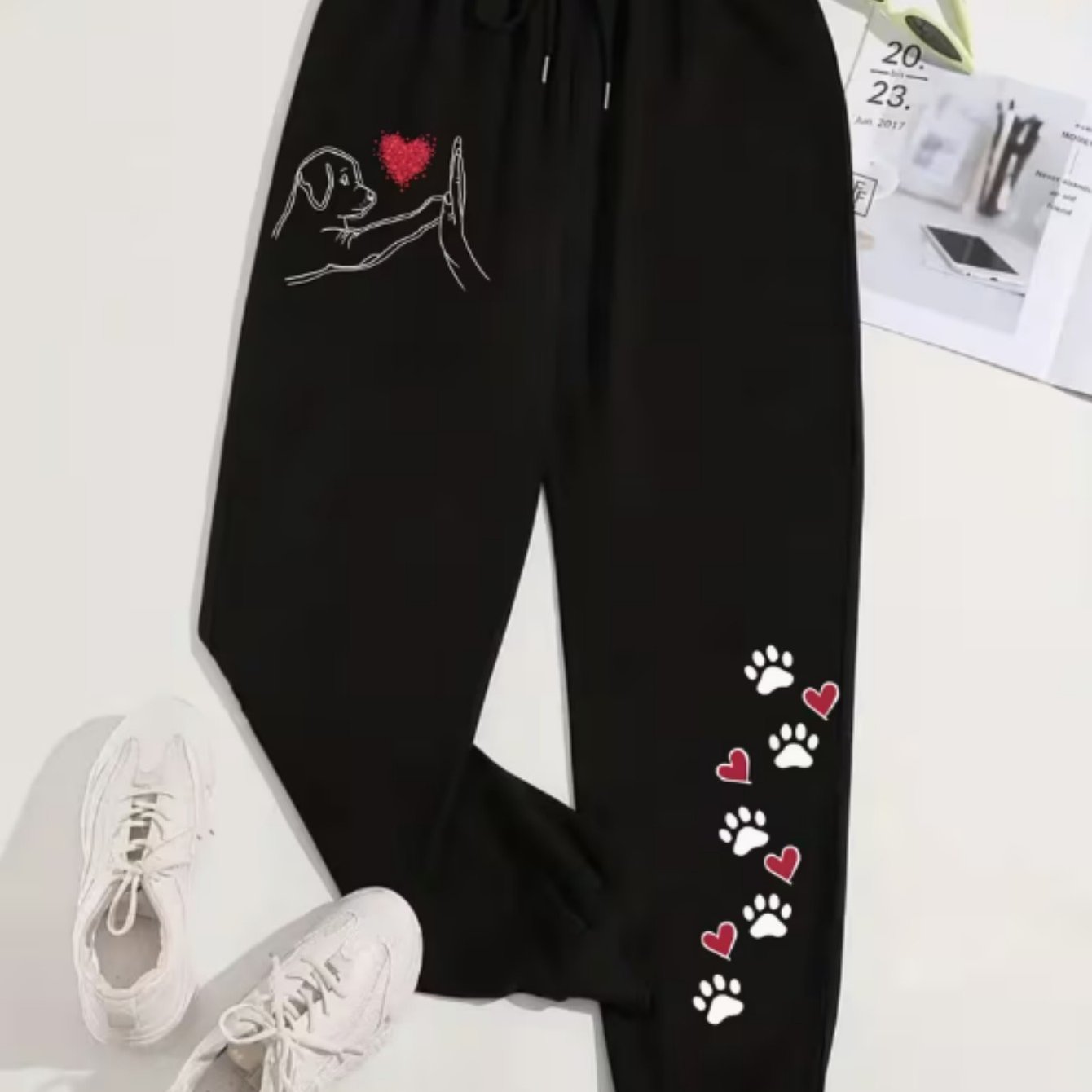 TEMU Dog Interactive Printed Elastic Waist Sweatpants - Comfortable Daily Wear Sports Pants With Pockets, Machine Washable For , Made Of 100%,