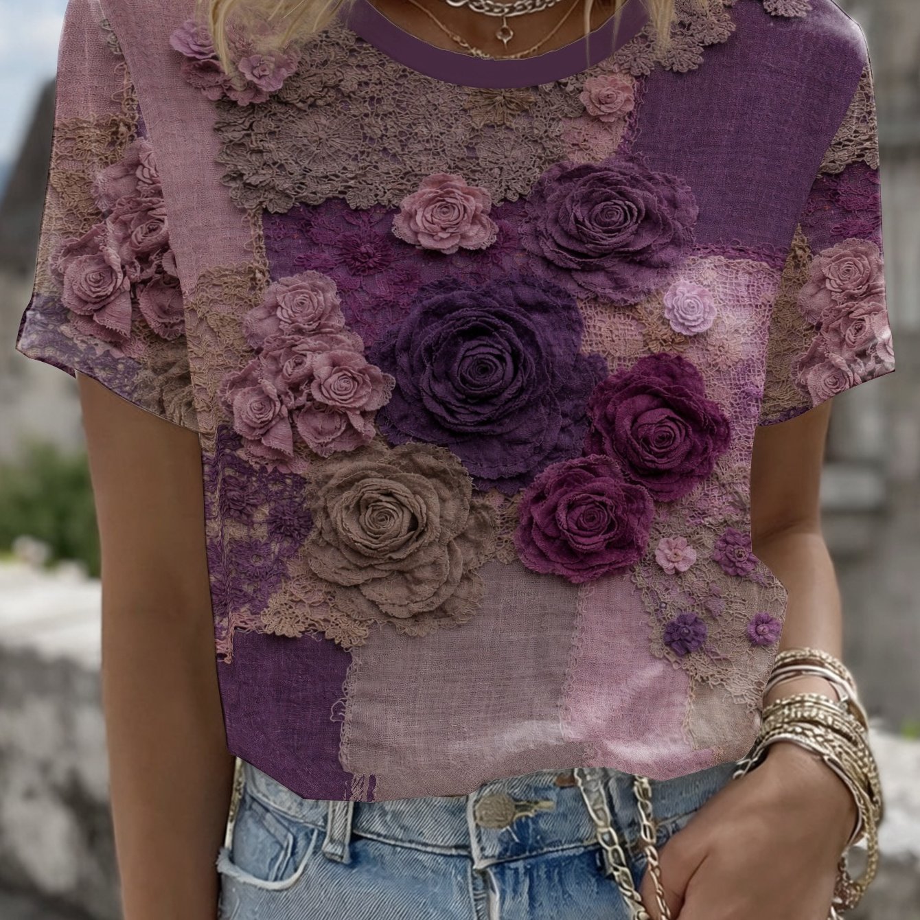 2d Flat Print Women's Short-sleeve T-shirt, Country Style Floral Print Short-sleeve Shirt, Summer Short-sleeve, Suitable For Vacations And Travel, 2d Flat