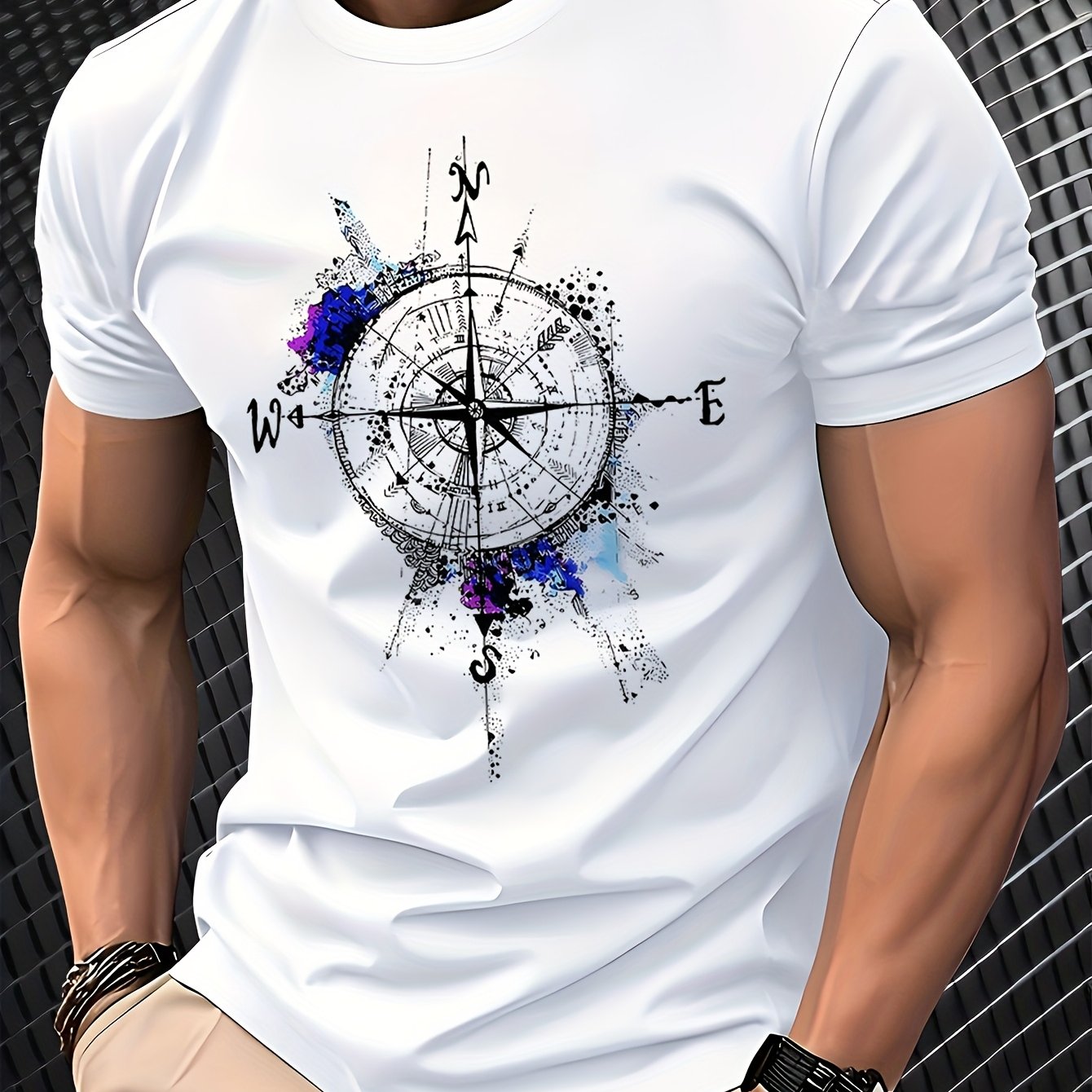 TEMU Confort ] T-Shirt Homme à Imprimé et Col Rond - Polyester Respirant, Haut à Manches Courtes Style Décontracté , Idéal pour les Vacances de