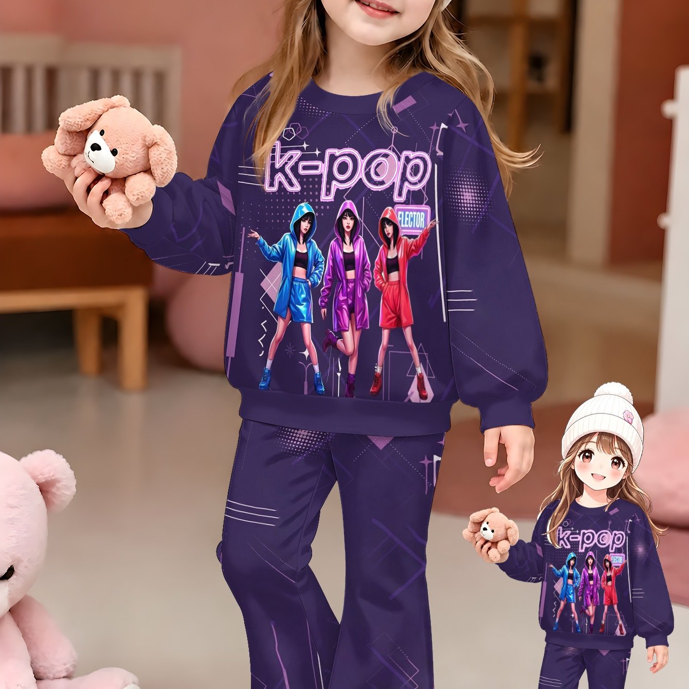 Girls' Casual And Fashionable Round-neck Pullover And Flared Pants Set - 2pcs. Sweet And Cute. Suitable For . Perfect For Girls' Daily , Festival Events, Children's Parties, Etc, For Outdoor