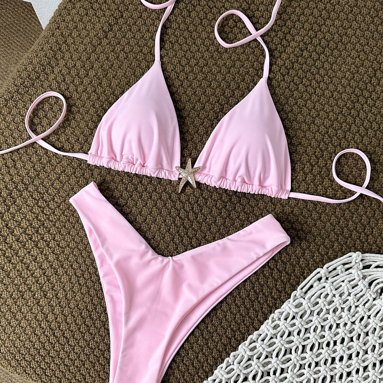 TEMU Nuovo costume da bagno bikini da donna pezzi, moda rosa , senza stampe, per vacanze al mare, ed estate