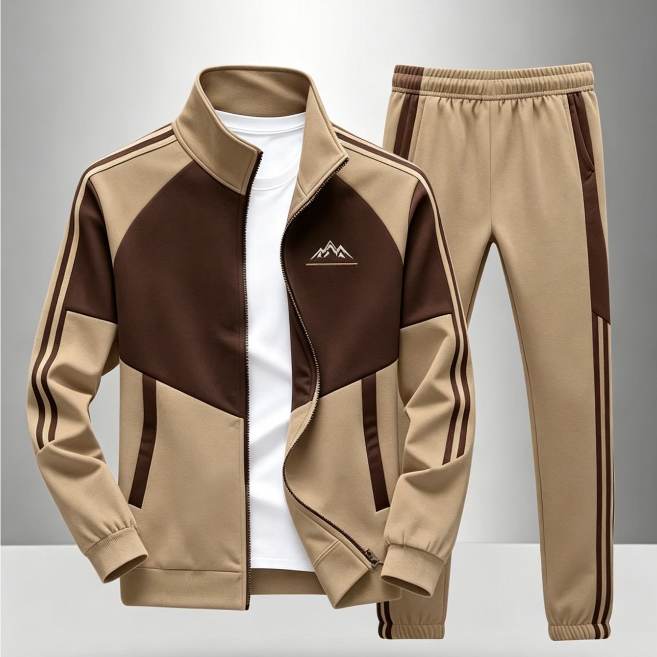 Image of Mens Mountain Embroidered Sportswear 2pcs Set Full Zip Jacket And Sweatpants Khaki And Brown Color Block With Striped Details Casual Outfit Multiple Sizes For Spring And Fall Daily Wear