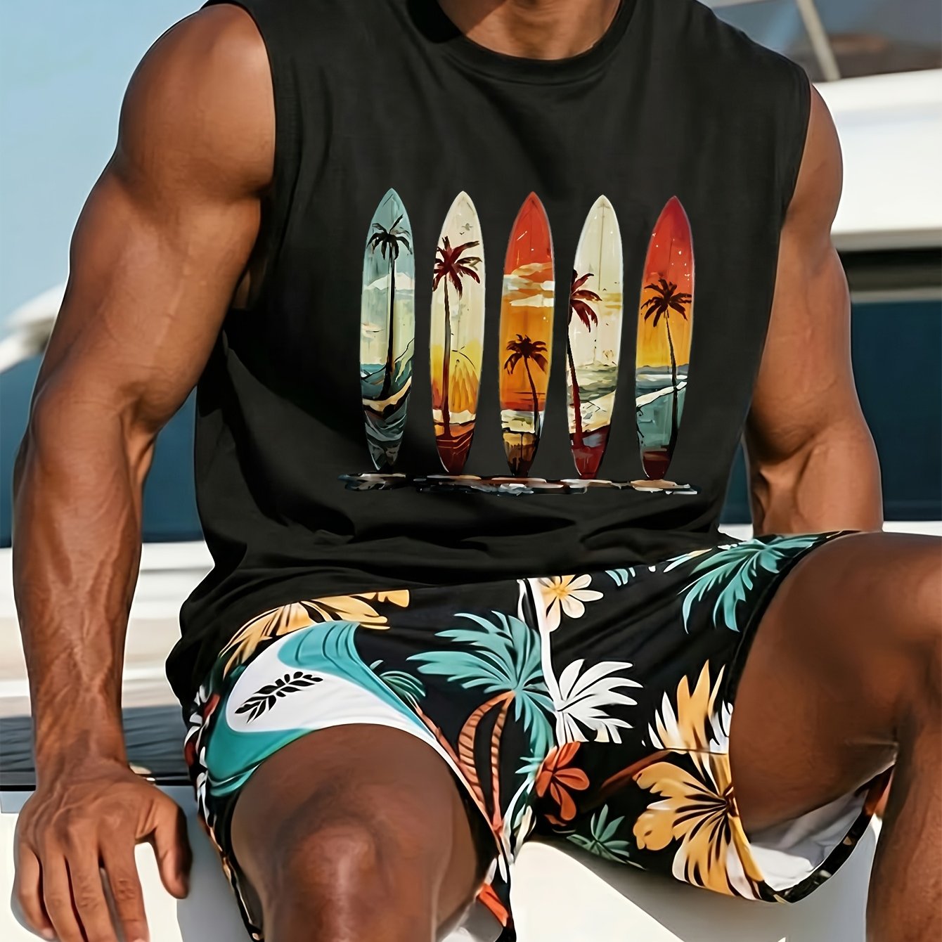 TEMU Gilet pour homme - Gilet d'été frais et décontracté avec imprimé de palmier à et planche de surf, imprimé de paysage avec un style , coupe ample