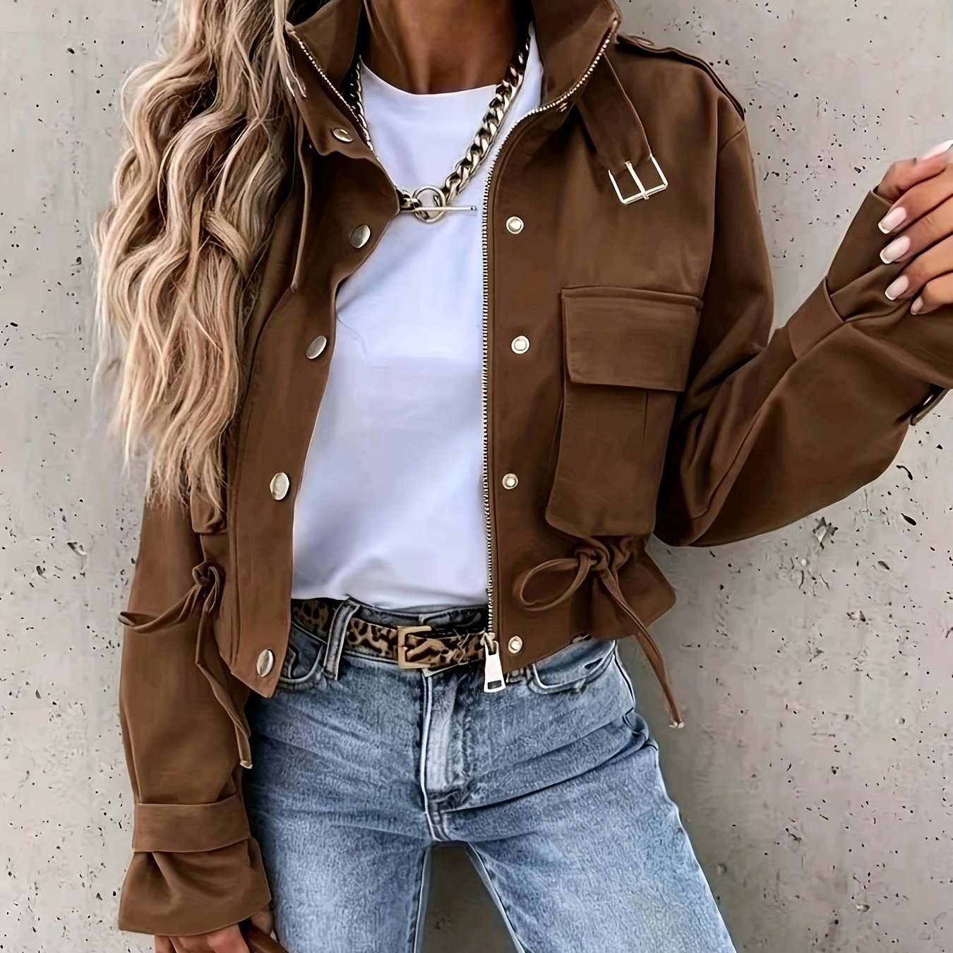TEMU Women's New Chest Pocket Biker Style Jacket Top Versatile Casual Short Cargo Coat