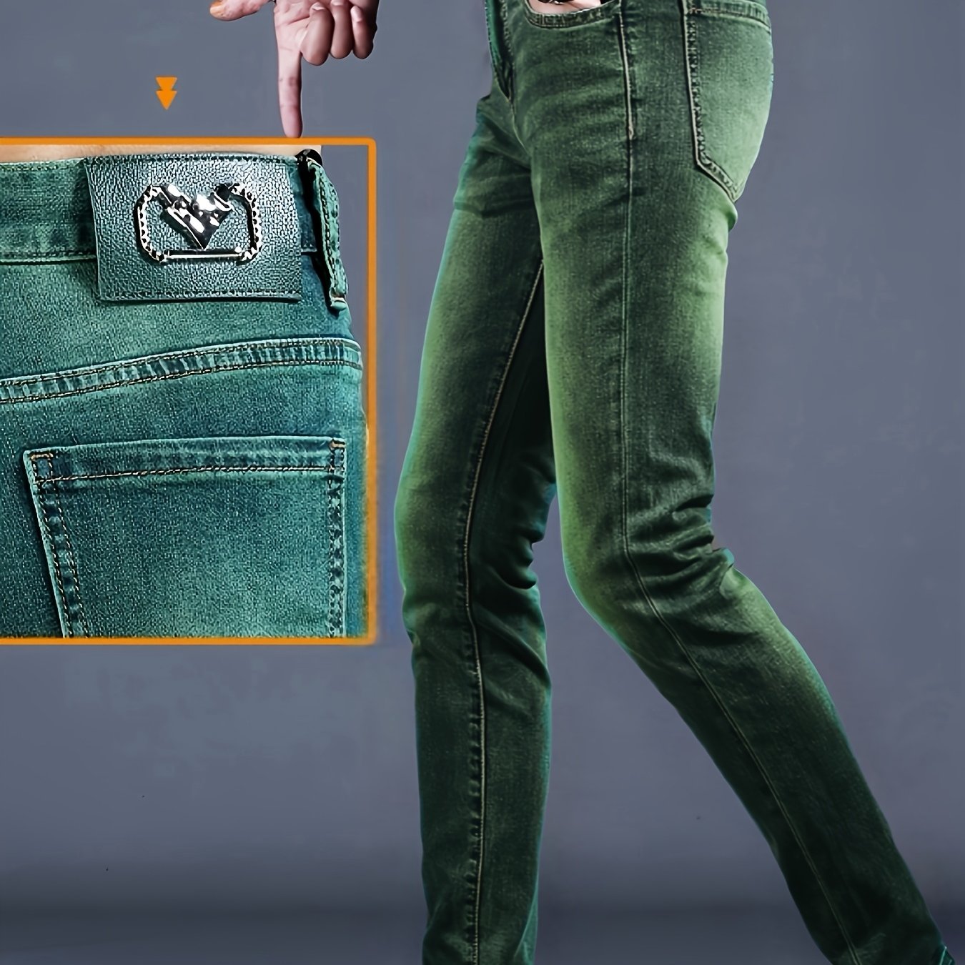 Image of Geng Yuan Shi Trendy Brand New Retro Green Micro-elastic Slim Fit Fashionable Versatile Denim Trousers