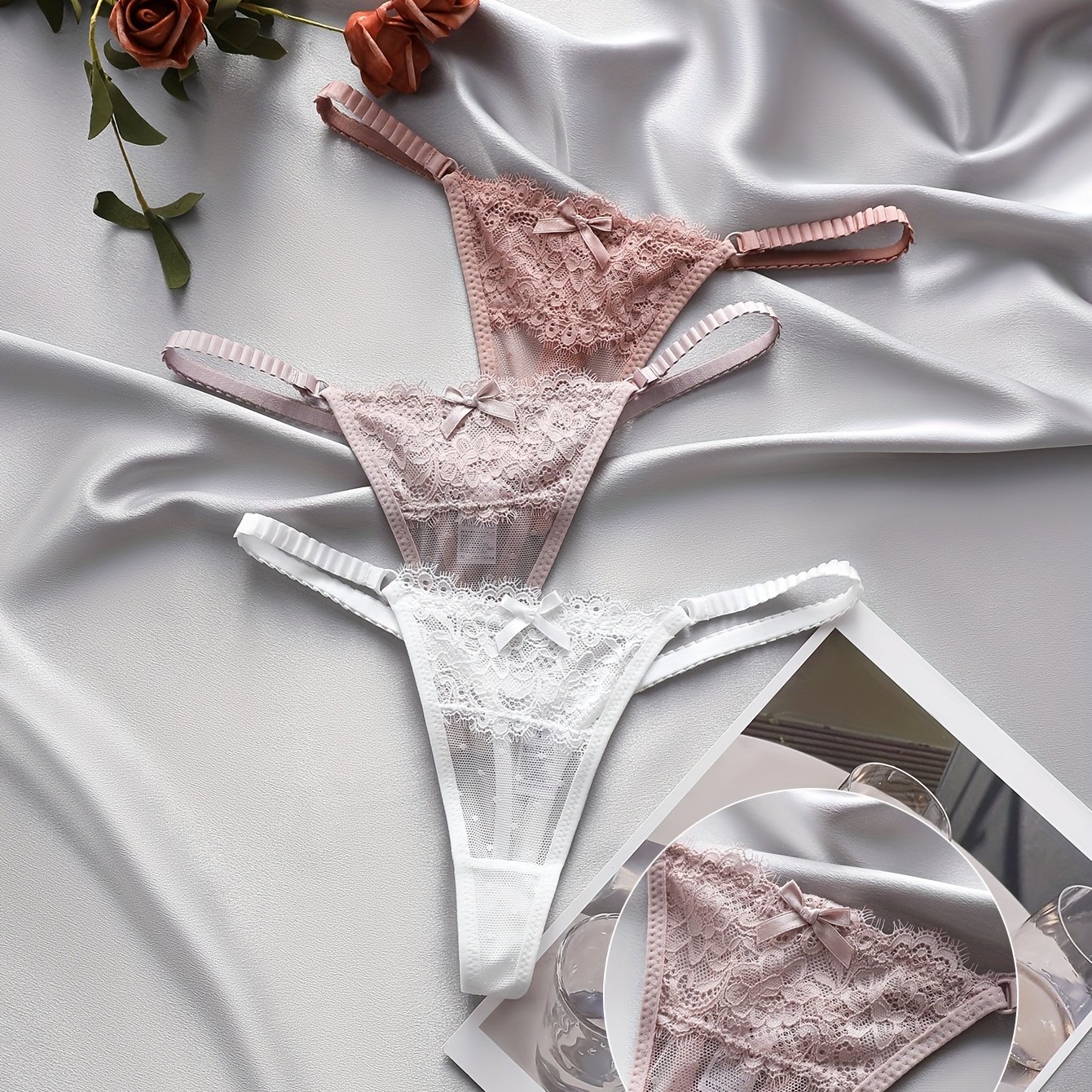 Ladies Lace Sexy Thong Panties: Me04 White+lotus Root Pink+coffee Red