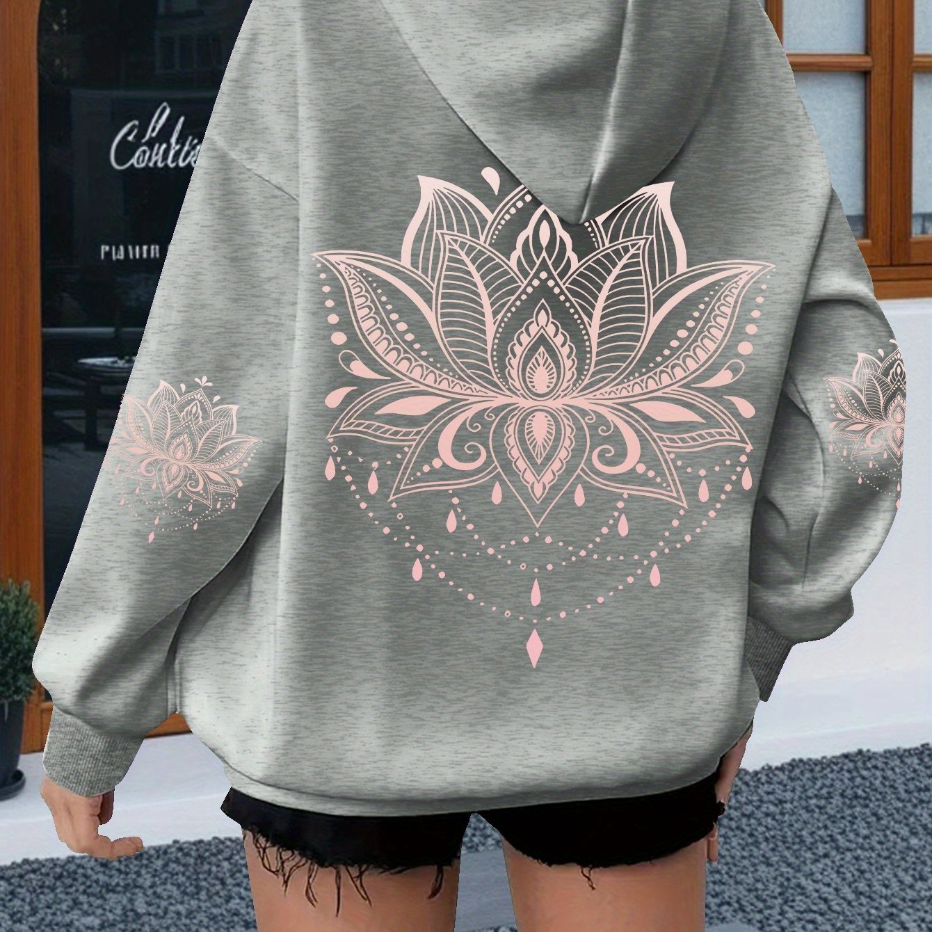 TEMU Plus Size, Plus Size Women' For Lotus Print Hooded Sweatshirt With Exquisite Line Drawing Tassels, Ethnic Spiritual Pattern, Loose Drop Shoulder