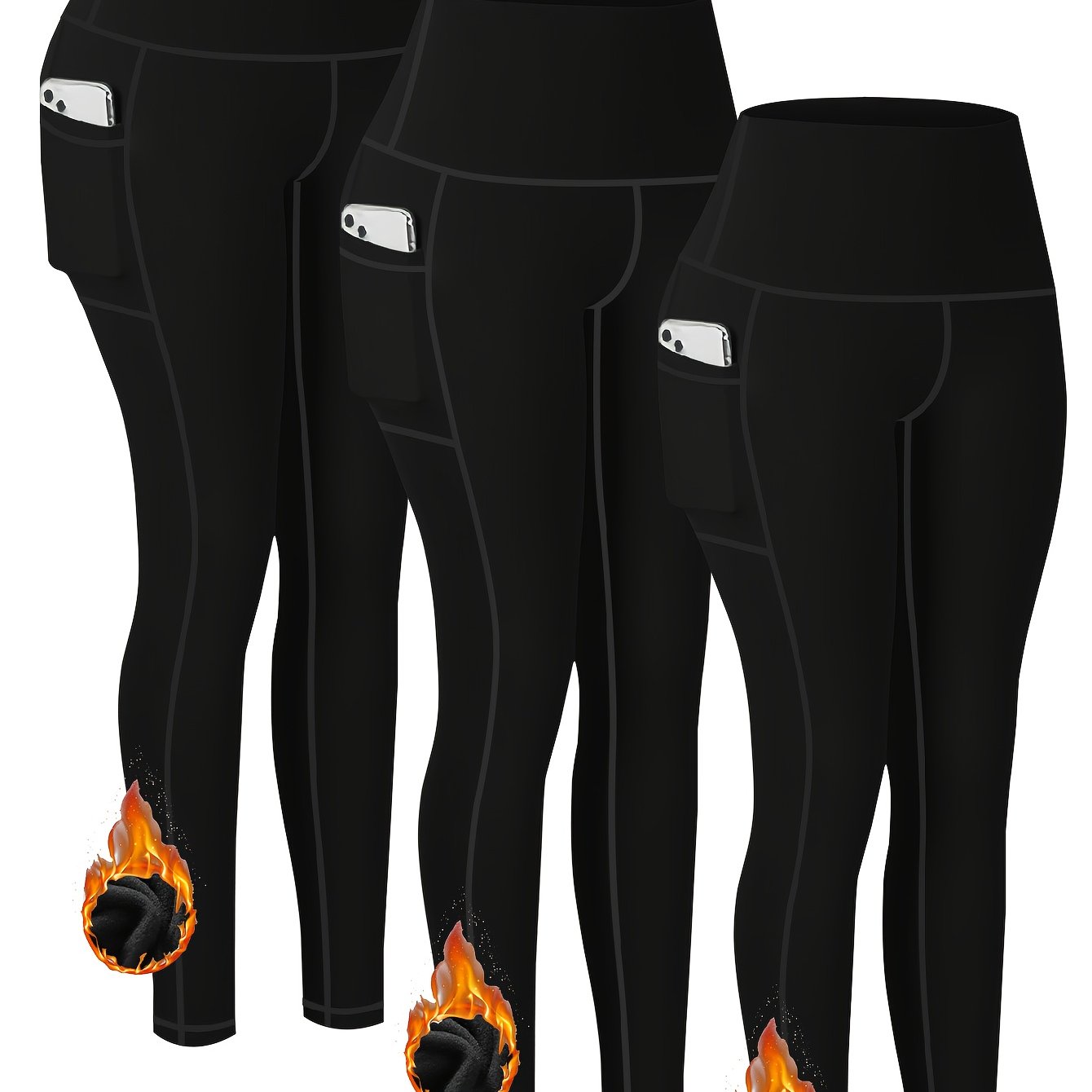 Image of Set Of 3 Winter Plus-size Women's Thermal Pants, Stylish And Casual Leggings With Pockets, High-waisted Yoga Pants For
