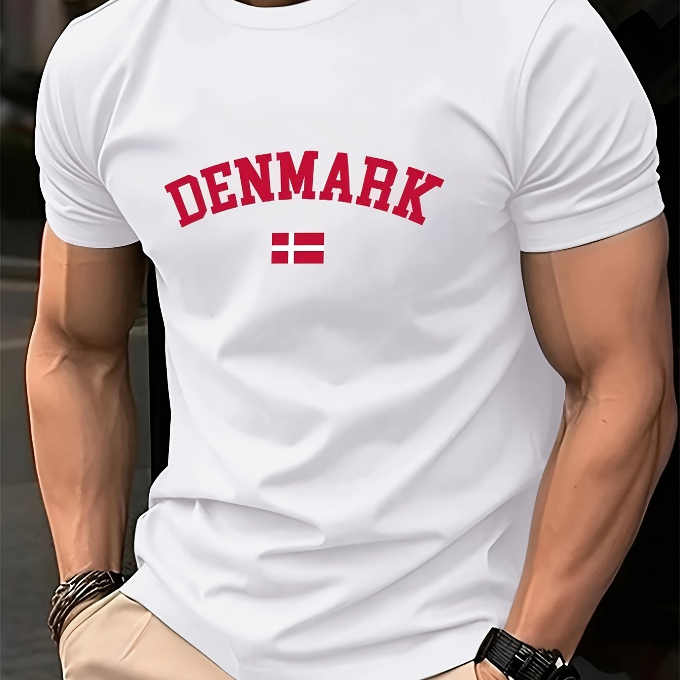 TEMU Danish Flag & Text Print Short-sleeve T-shirt - Round Neck Casual Summer Top Suitable For Danish Events & Casual Attire - Comfortable Polyester