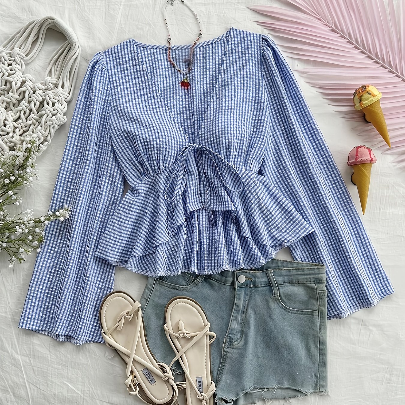 E-shop Damen Elegantes Casual Vier-Jahreszeiten Karo-V-Ausschnitt Knoten Rüschen Langarmhemd Top