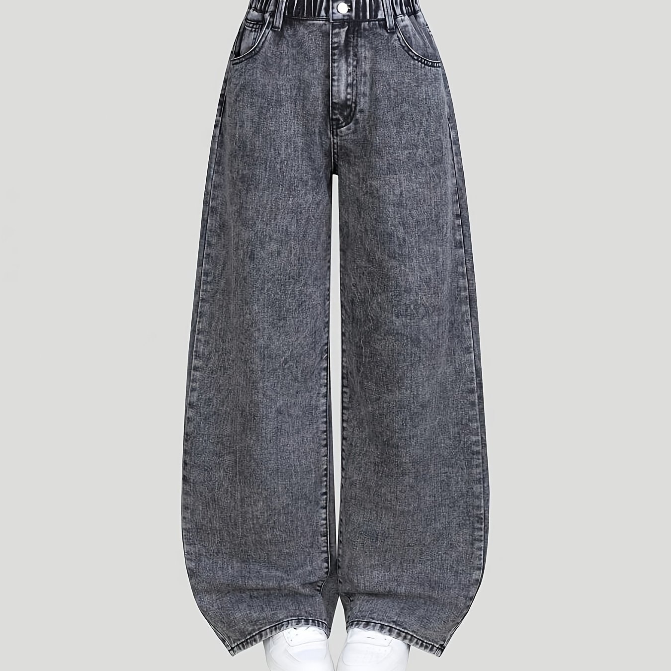 Image of Trendy Retro High-waist Jeans, Cool Snowflake Gray Showcasing , Easy Design Practical And Versatile. Loose Fit Long Legs, Comfortable Elastic Waistband. Premium Washed Fabric Soft And Durable