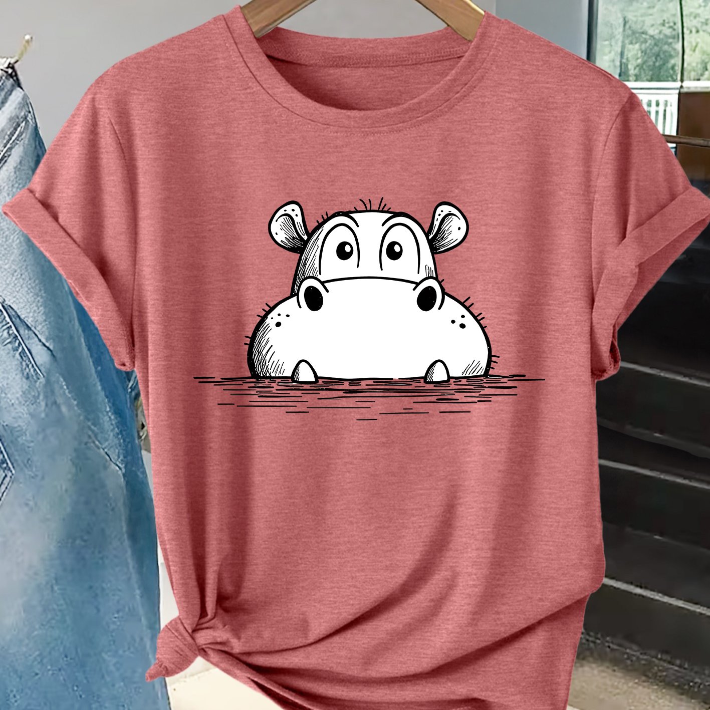 TEMU Plus Size Women's T-shirt With Hippo Peeking Art Print - Loose Neck Top, Medium-stretch Breathable Skin-friendly Fabric Suitable For Spring