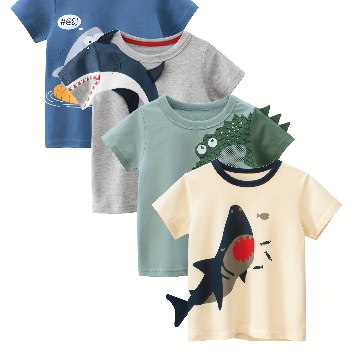 Set Of 4 New Short-sleeve T-shirts For Boys, Featuring 3d Designs For Kids