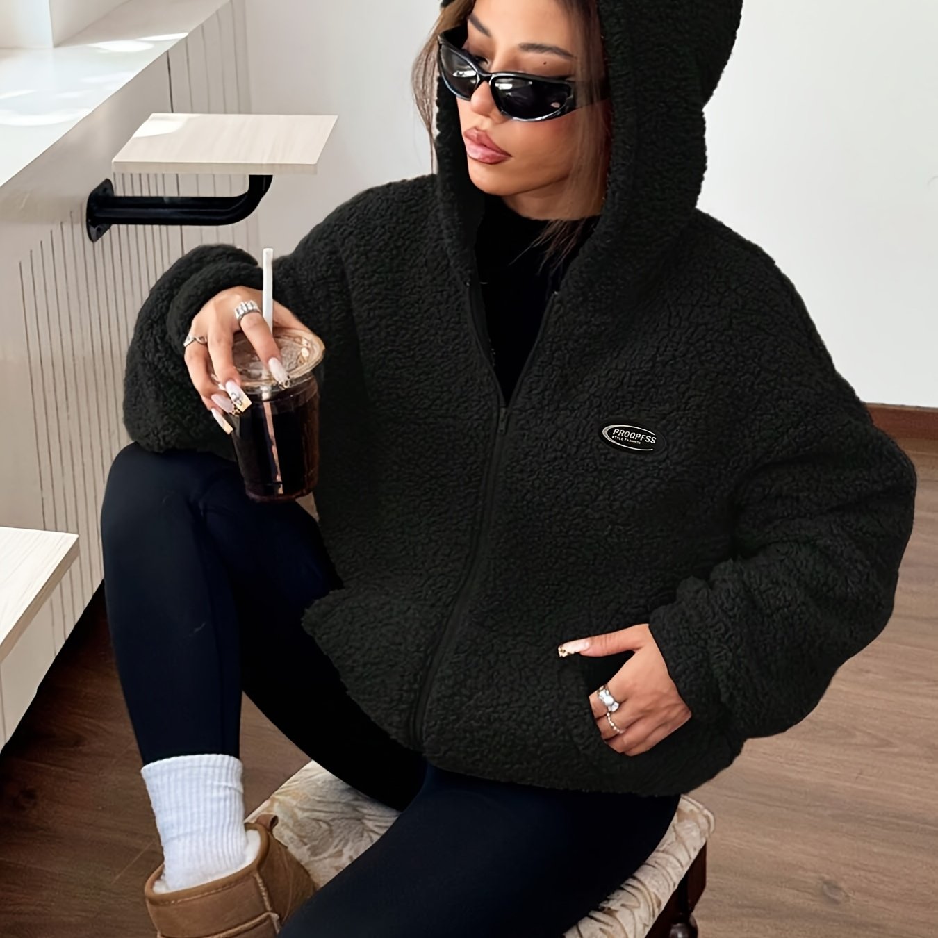 Image of Autumn Winter Warm Women's Thick Plush Hooded Cardigan Coat, Solid Jacket, Women's
