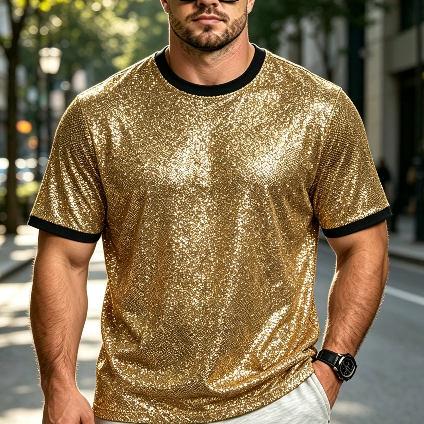 TEMU Men's Fashion Casual T-shirt - Plus Size Fit, Crew Neck, Short Sleeves, Breathable Fabric, Easy To Wash, Metallic Pattern Print, Comfortable,