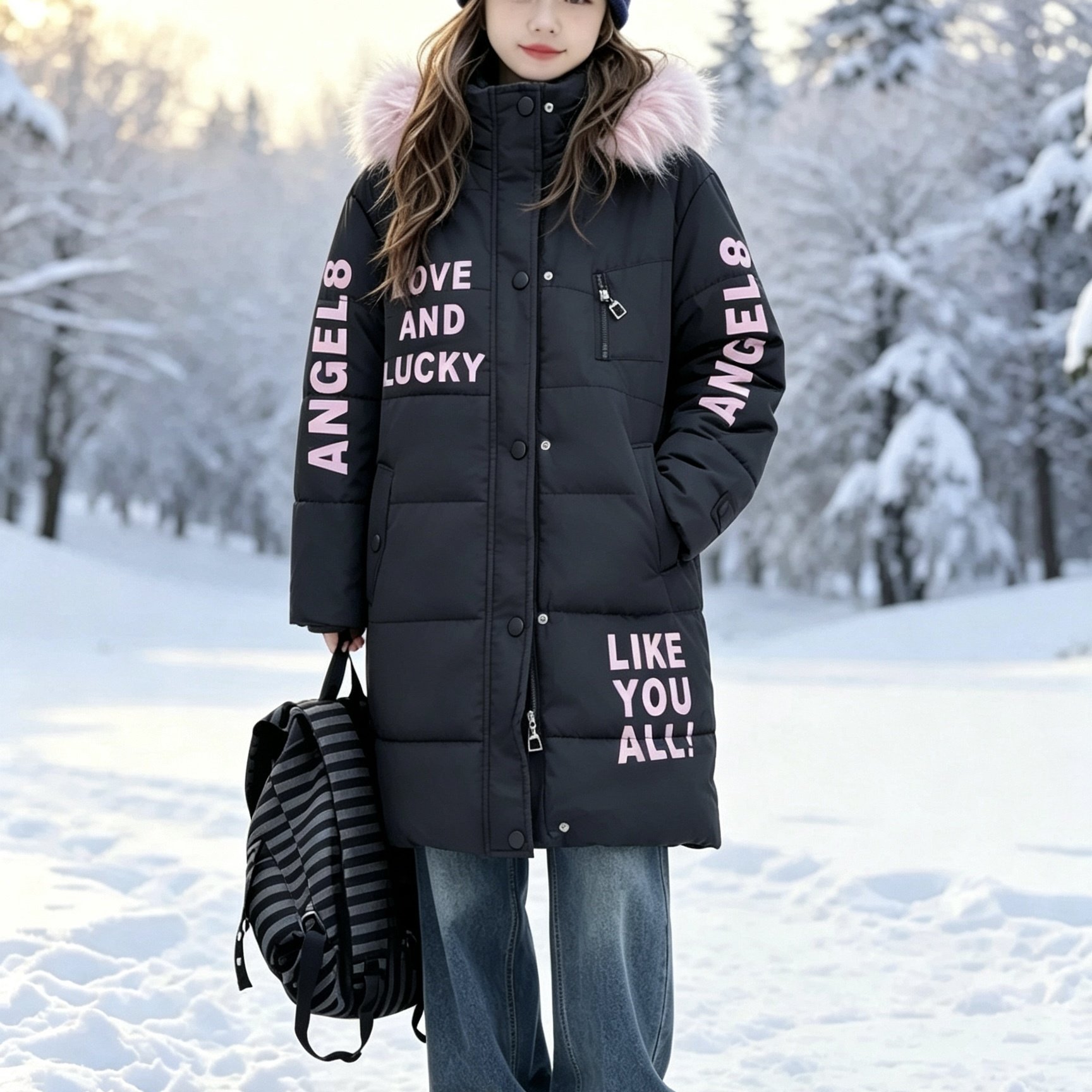 Image of Winter Girls' Mid-length Detachable Hooded Jacket, Print Jacket, Woven Fabric Loose Children's Warm Jacket, Straight Loose Fit