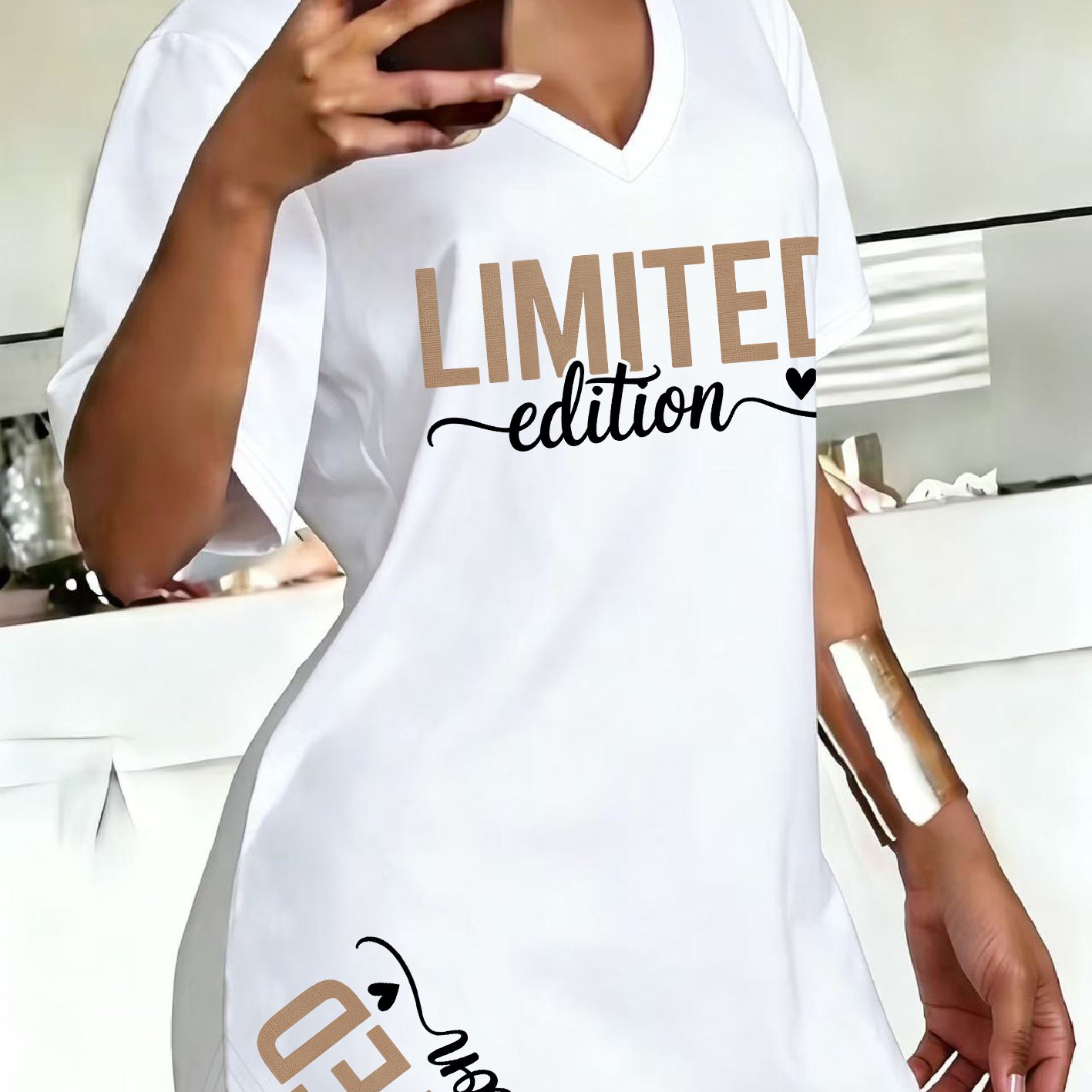 TEMU Women's Sexy V-neck Oversized T-shirt With Printed Side Slit And Drop Shoulder Top
