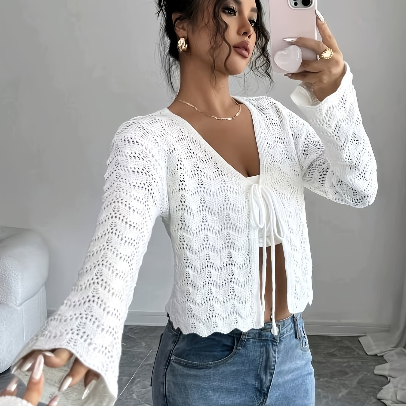 Image of Spring Summer Elegant Short Open Front V-neck Hollow Out Sunscreen Beach Cover-up