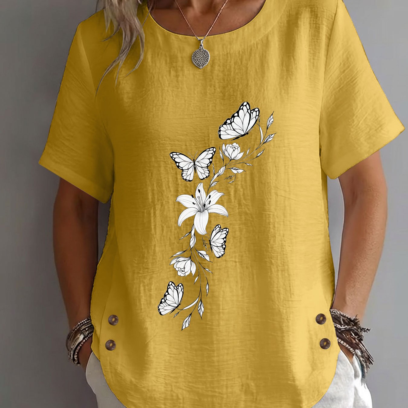 TEMU Spring Summer Women's , Hand-painted Style Lily Printed Mature Casual Round Neck Short Sleeve Elegant Women's Clothing