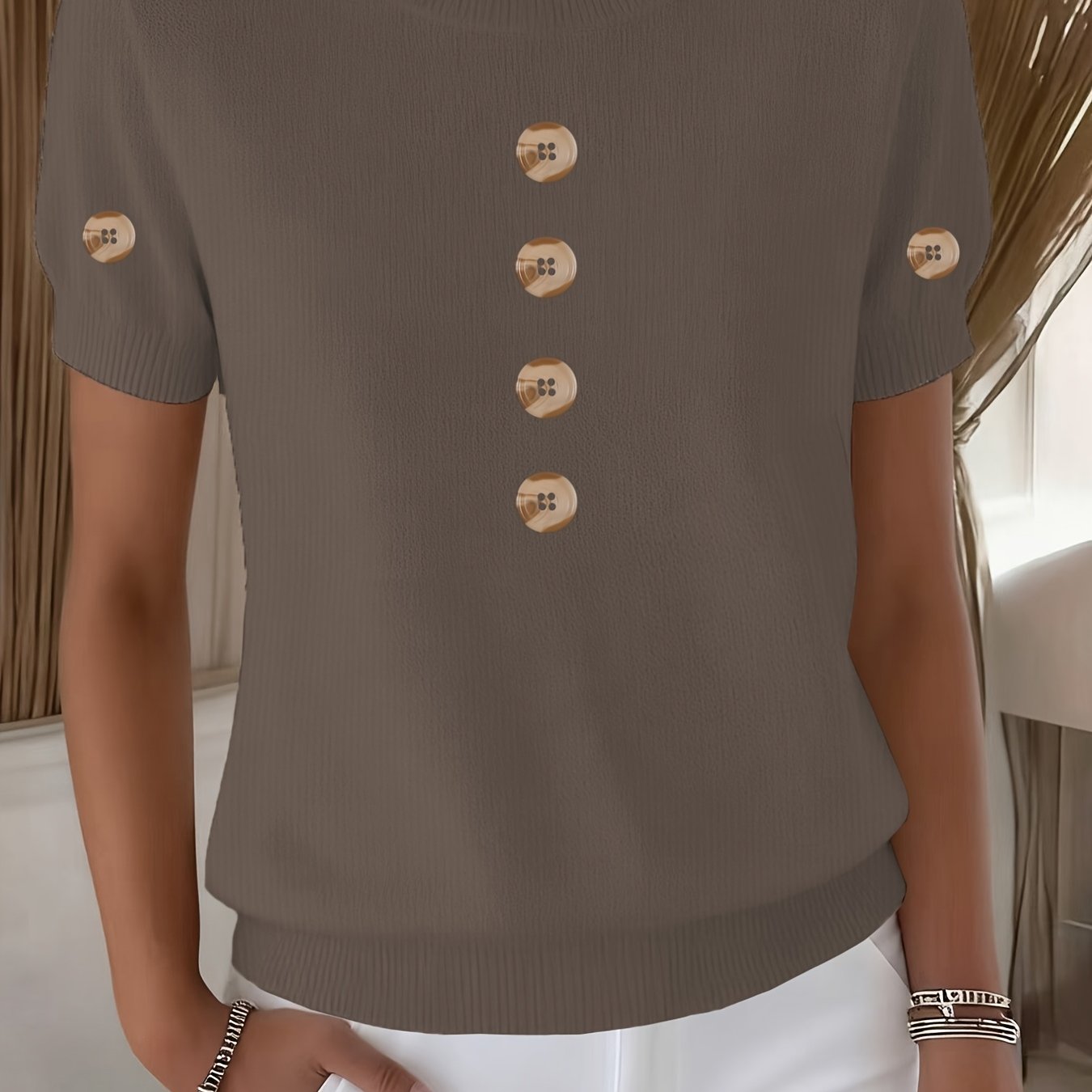 TEMU Printed Women's Round Neck Short Sleeve Sweater And Women's Pullover And Button And Loose Wear
