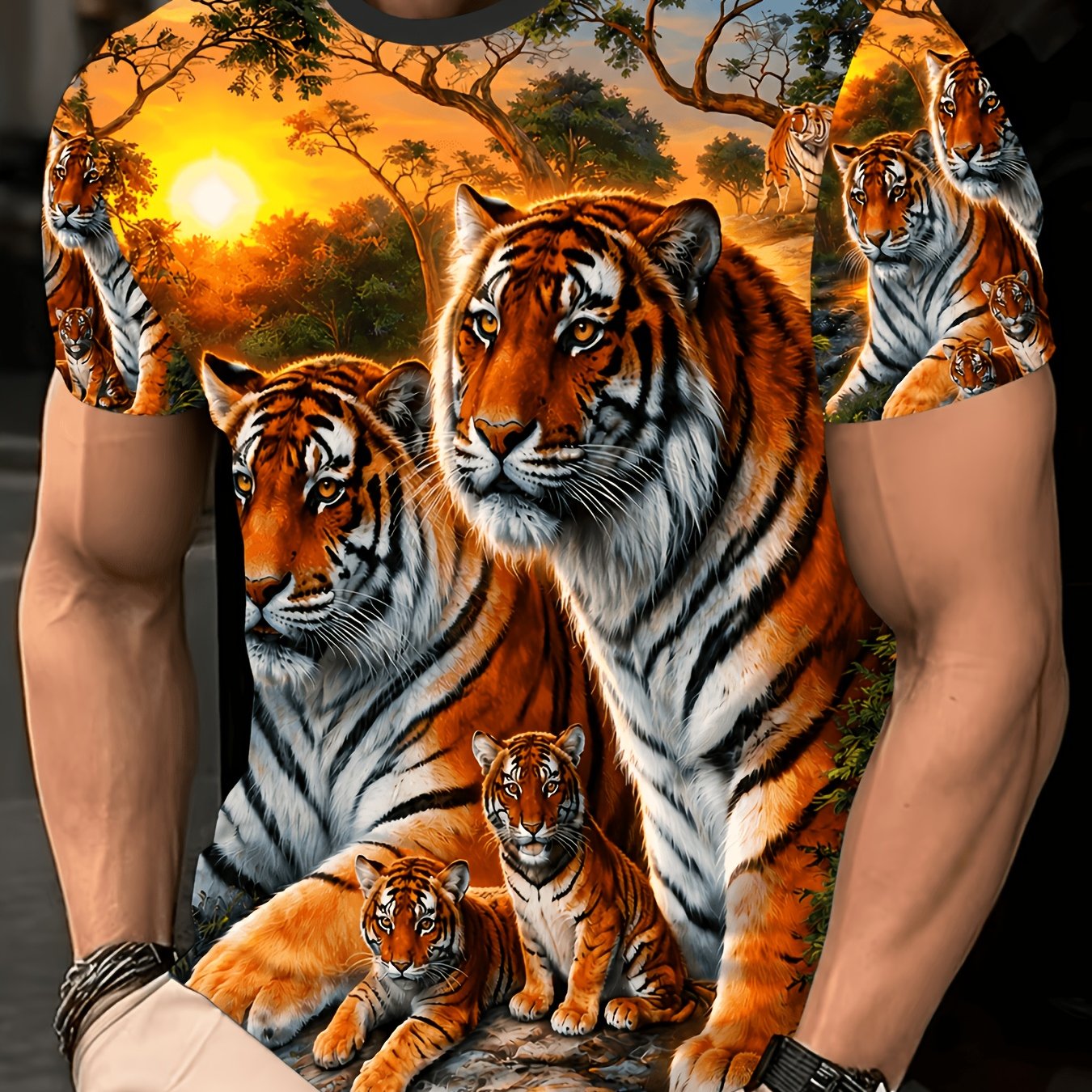 TEMU [printed Design - Not Textured] Men's Casual Tiger T-shirt -not Textured Short Sleeve, Round Neck, Stretch Polyester Fabric, Machine Washable,