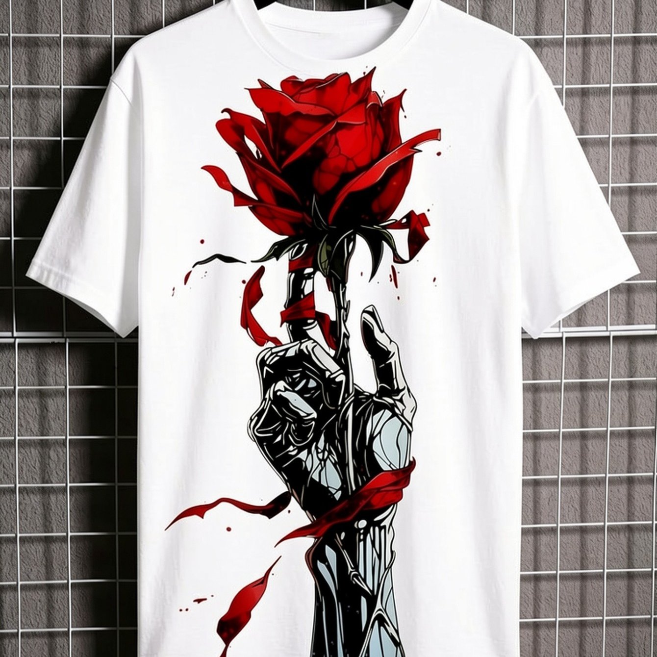 Men's Valentine's Day Rose Print T-shirt - Black/red/white Rose, 180g Washed Short Sleeve Round Neck Casual Shirt For Date Night, Gifts & Casual Attire - Machine Washable Fit