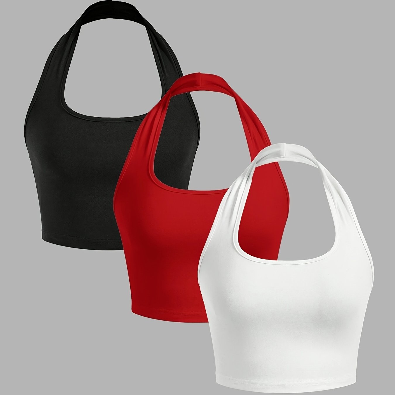 TEMU Conjunto de 3 Piezas: Top de Tirantes con Cuello Halter, Color Sólido, Camisola Casual y para Mujer