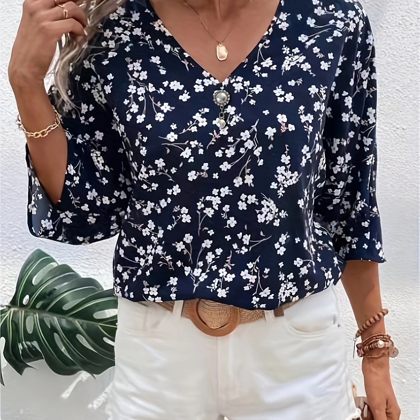 TEMU Floral Print V-neck Pendant Blouse, Elegant Batwing Sleeve Blouse For Spring & Summer, Women's Clothing