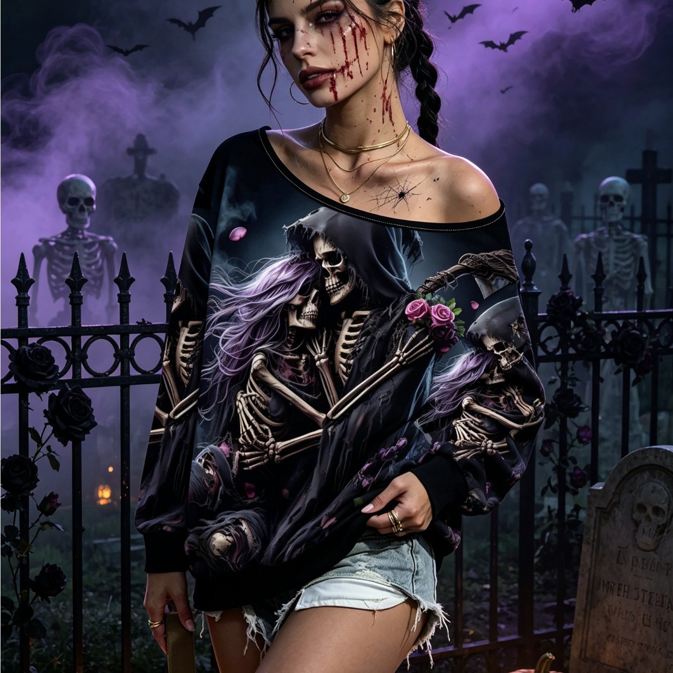 TEMU Halloween New European And Women's Fashion Casual Long-sleeve Sweatshirt, Autumn/winter Romantic Couple Skull And Rose Off-shoulder Long-sleeve