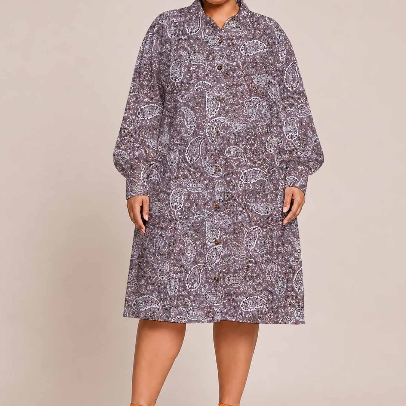 Plus Size, Paisley Floral Allover Print Fashion Casual Vacation Cardigan Button Shirt Dress, Boho Vintage Style, Beach, Vacation, , Long Sleeve Shirt Dress, Midi Dress