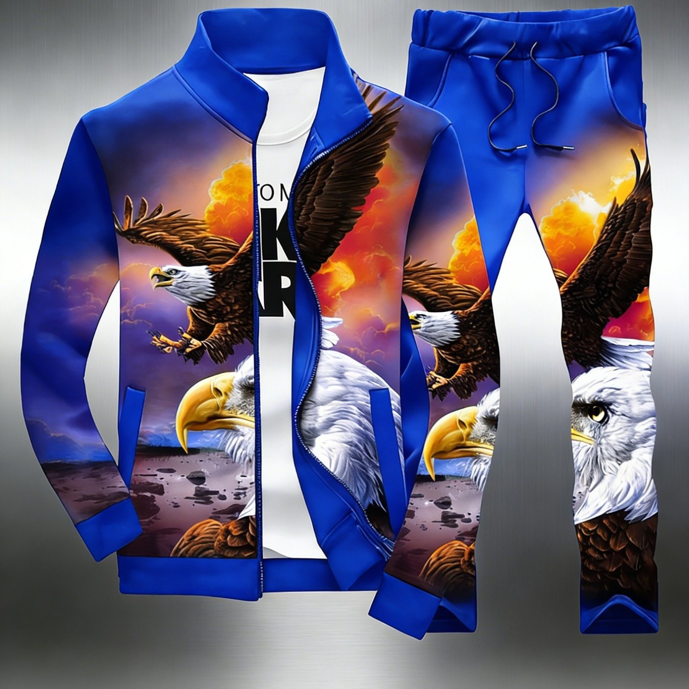 Image of Teen Gradient Sunset Full Print Tracksuit, Zip Stand Collar Jacket& Drawstring Sweatpants, Casual Jogging Outfit, Perfect For Outdoor, For Teenager