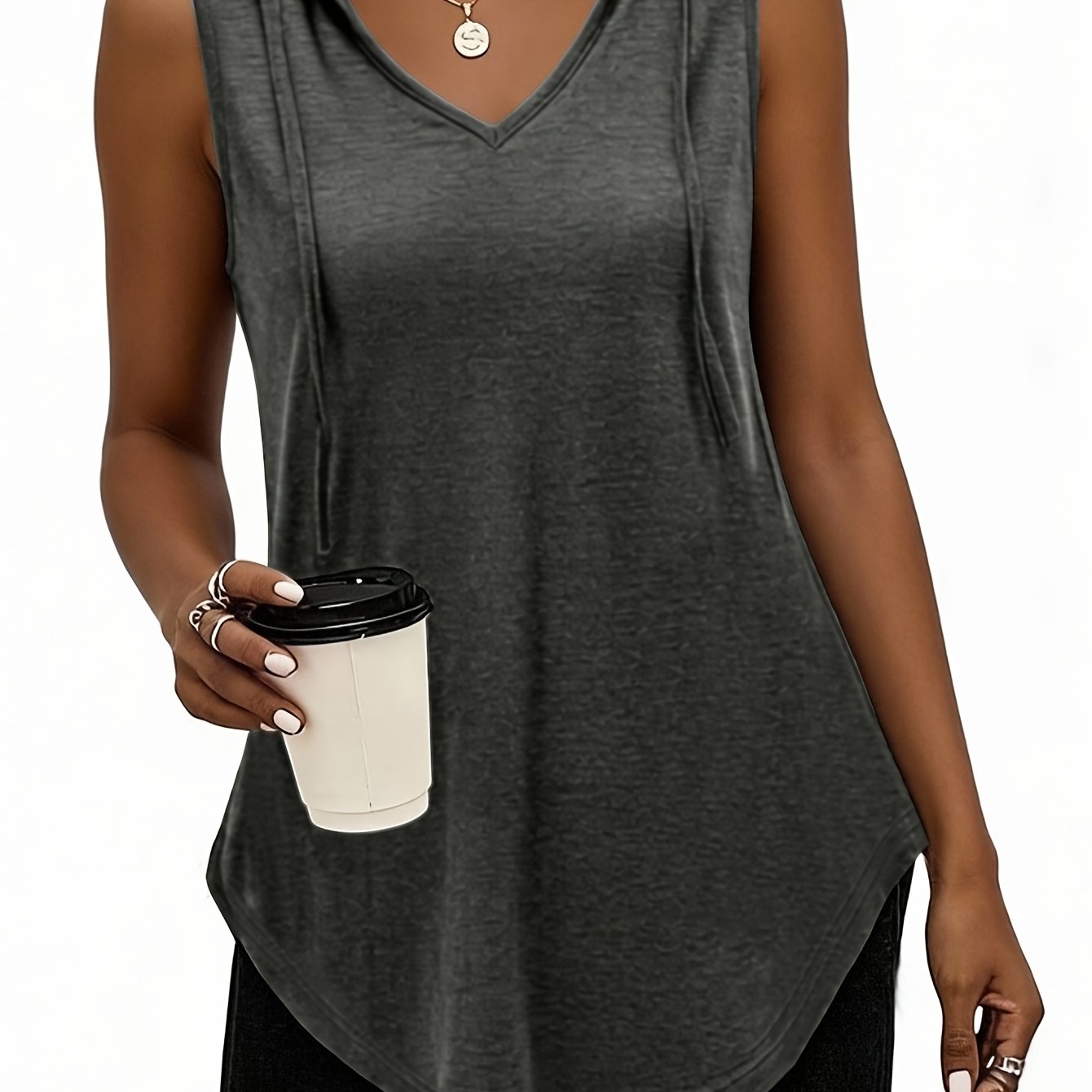 TEMU Plus Size - Spring Summer Plus Women's Sleeveless Hooded Drawstring V-neck Top, Breathable Comfortable Casual Urban Holiday Versatile