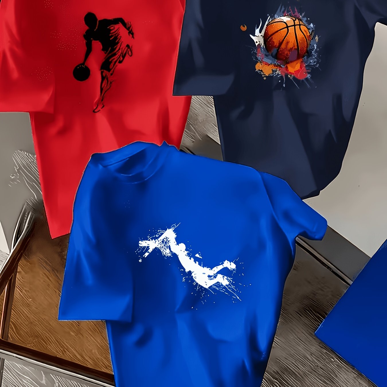 TEMU Summer 3pcs Round Neck T-shirt Set, Basketball Fashion Print Pattern T-shirt, Soft Lightweight Comfortable Breathable Summer Casual Wear