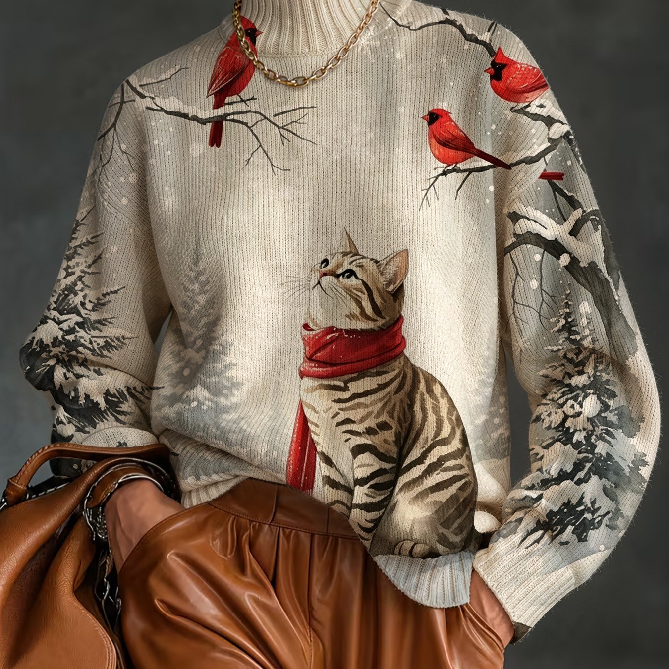 TEMU [2d Digital Printing] Trendy Women's Beautiful Snow Scene Kitten Print Sweater, Autumn/winter Chimney Neck Warm Long-sleeve Sweater, Elegant And