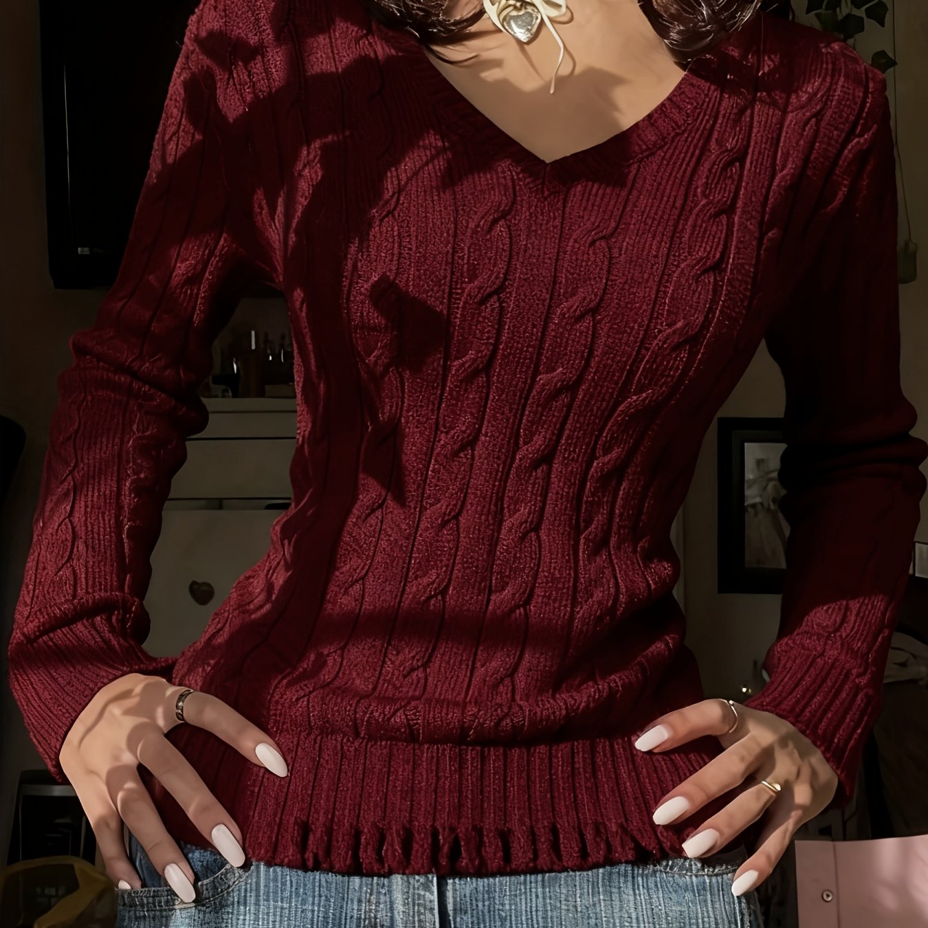 V-neck Slim Fit Cable Women's -spun Yarn Sweater