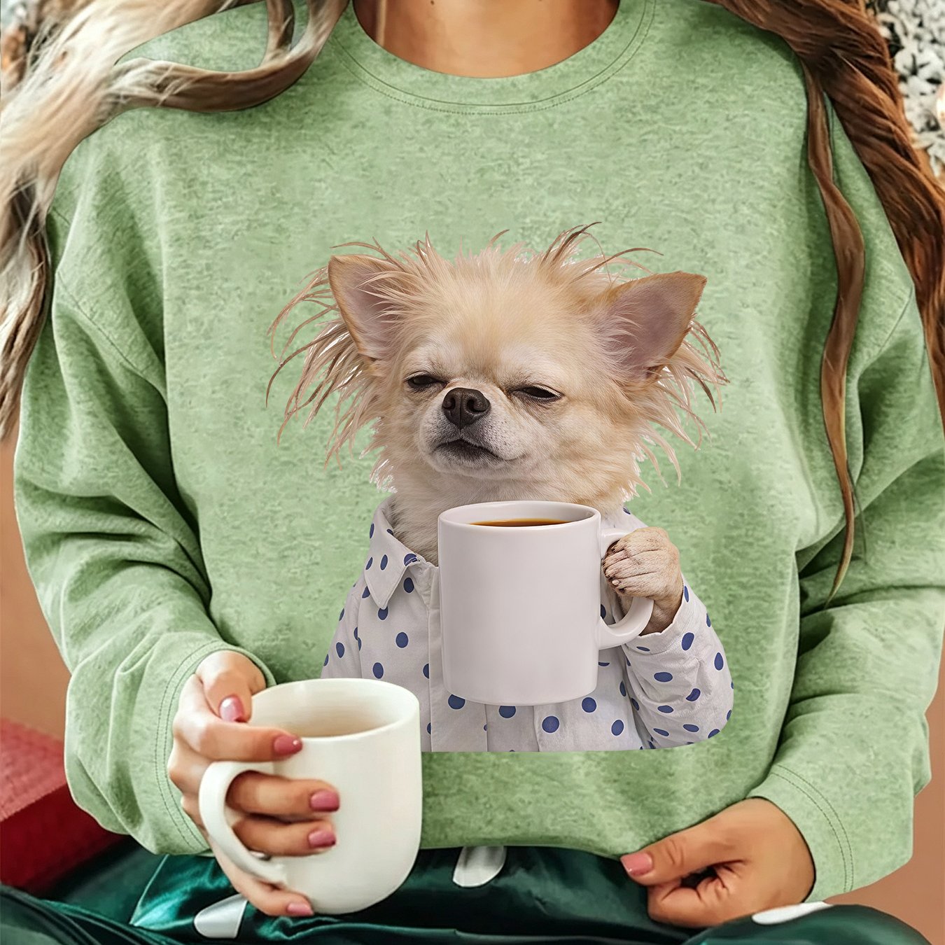 TEMU Women's Retro Chihuahua Drinking T-shirt - Crew Neck Long Sleeve Suitable For Sports, Gym & Daily Wear | Non- Base Layer Or Outerwear Top |