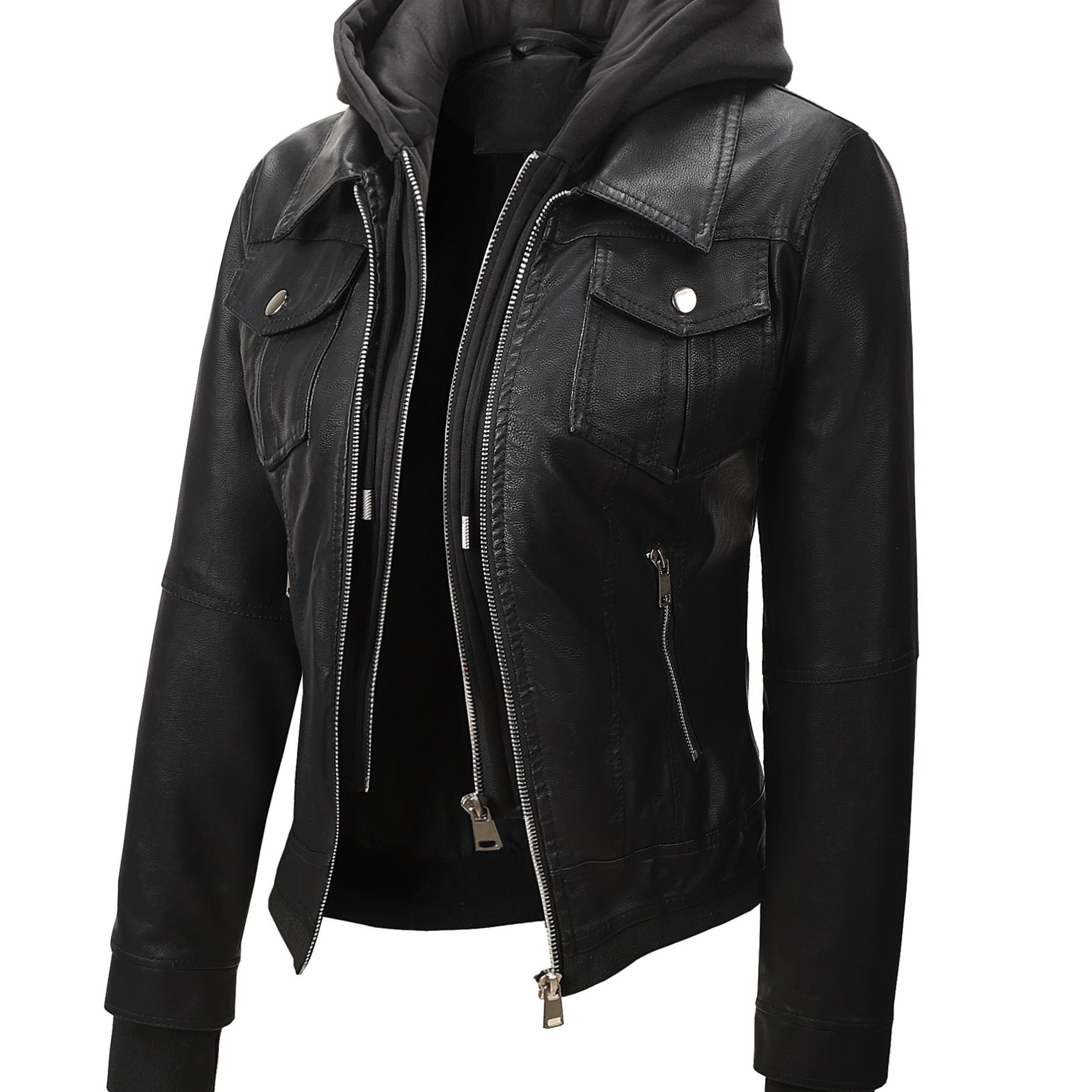 Women's Hooded Pu Jacket, -fit Biker Style With Detachable Hood, Full-zip Coat With Multiple Pockets, Warm Windproof Outerwear For Spring, Fall & Winter Casual & Daily Outfits