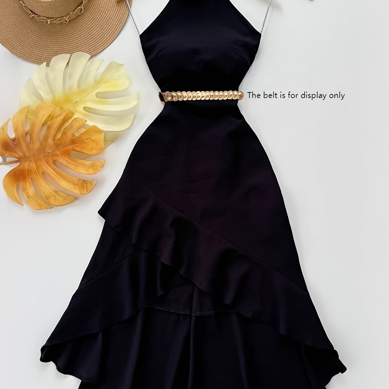 Image of Halter Long Dress, Sexy Asymmetrical Slit Ruffle Evening Gown, Dress Without Belt