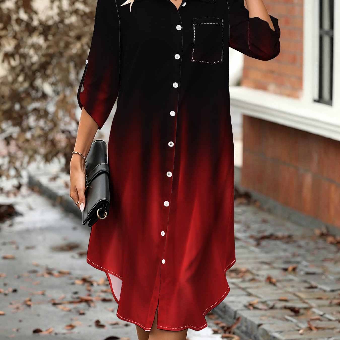Plus Size, Plussize Women's Flame Print Shirt Dress, Collar, Aline Midlength With 3/4 Sleeves, Collar And , Edgy With Chest .