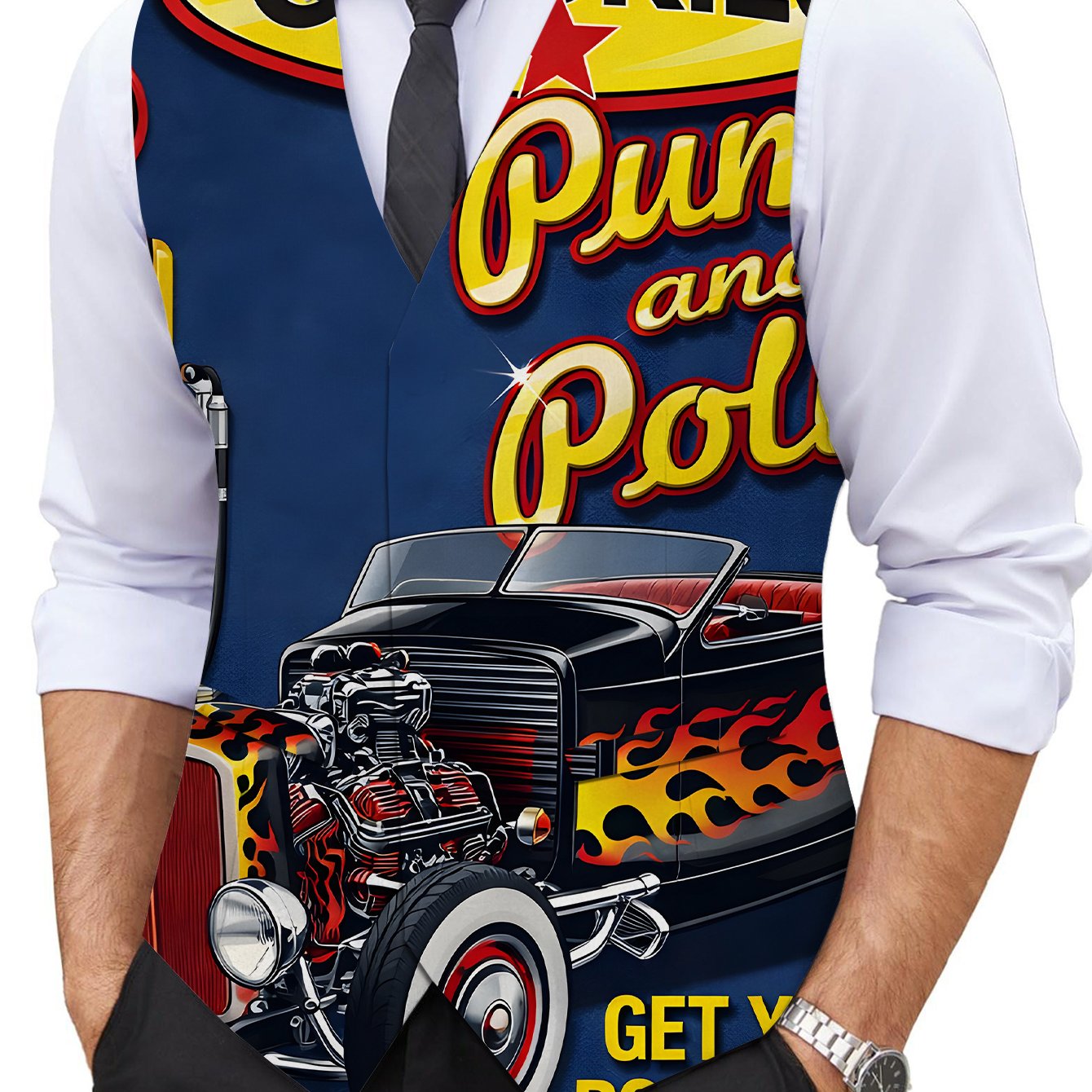 TEMU [plus Size Men's Vest Single Piece, Car Print Plus Size Suit Vest, Gas Station Elements, 's Waistcoat, Screen Color, Obese Casual Vest With