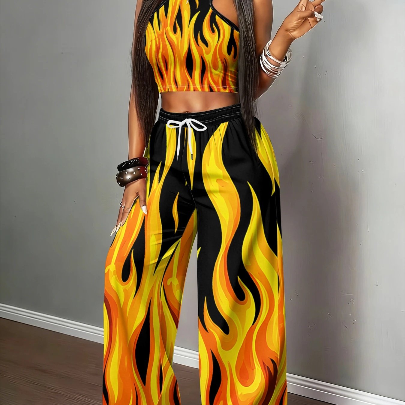 TEMU Women's Y2k Sweet& Flame Print Halter Crop Top& Wide-leg Pants Set, Stylish Street Outfit
