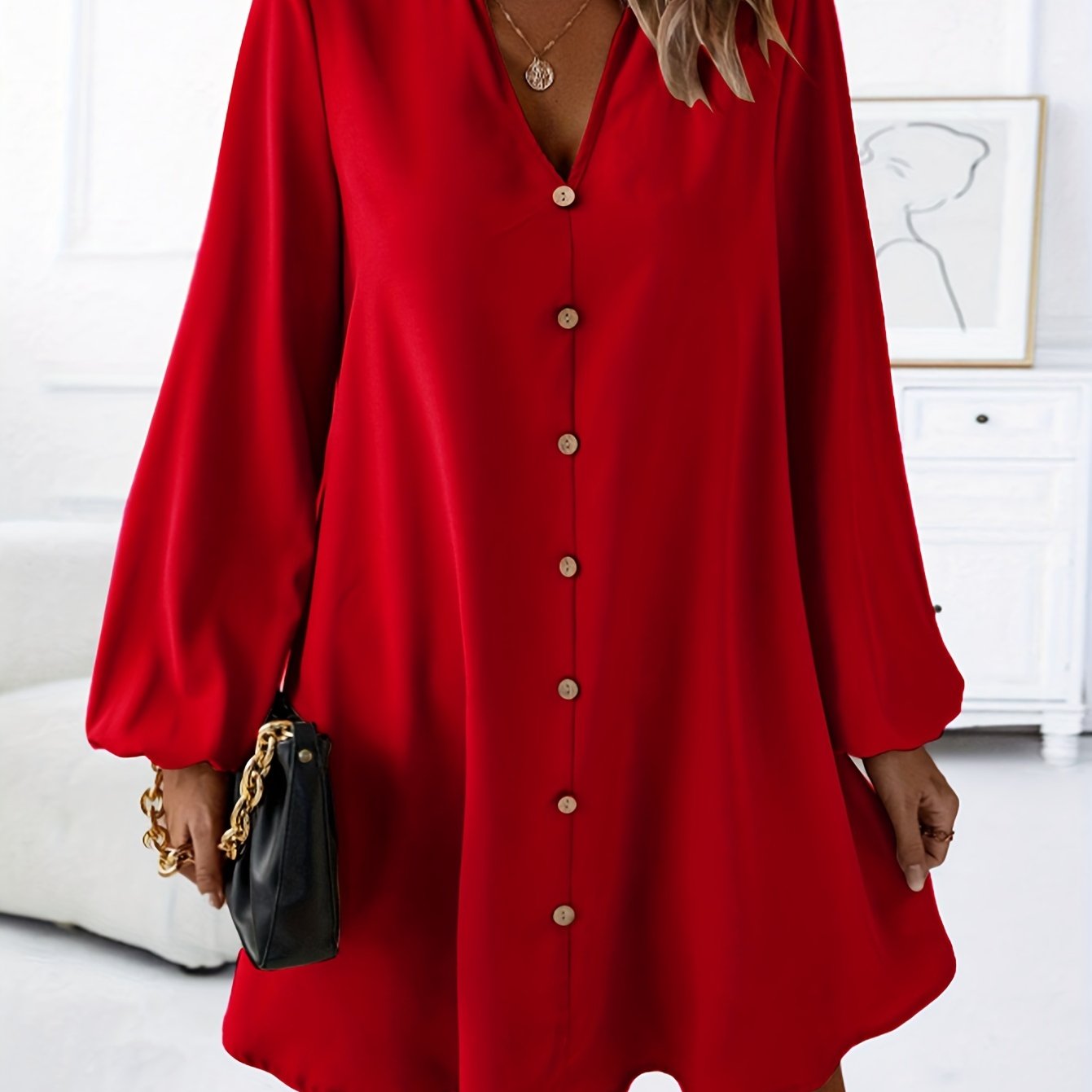 7702 Solid Color V-neck Long Sleeve Single-breasted Elegant Women's Dress