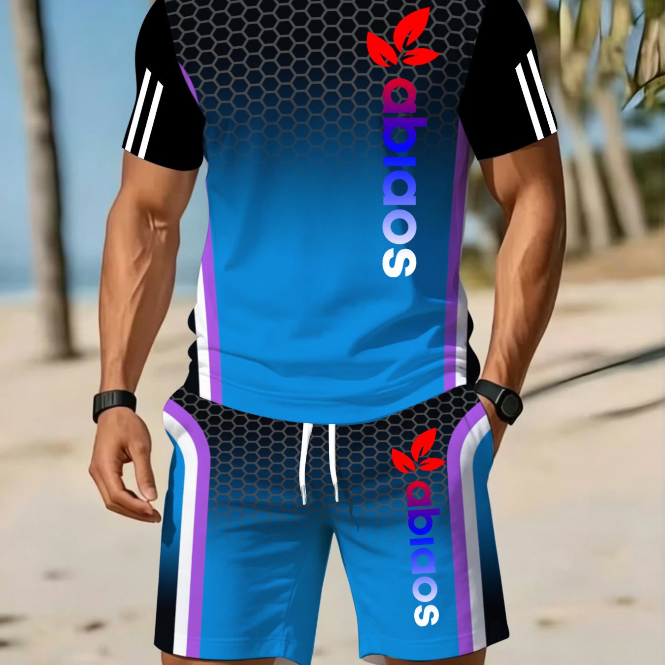 TEMU Men's Novelty Apparel Set, New Fashionable Men's Summer Sportswear Set With Gradient Honeycomb And , Short Sleeve T-shirt & Drawstring Shorts