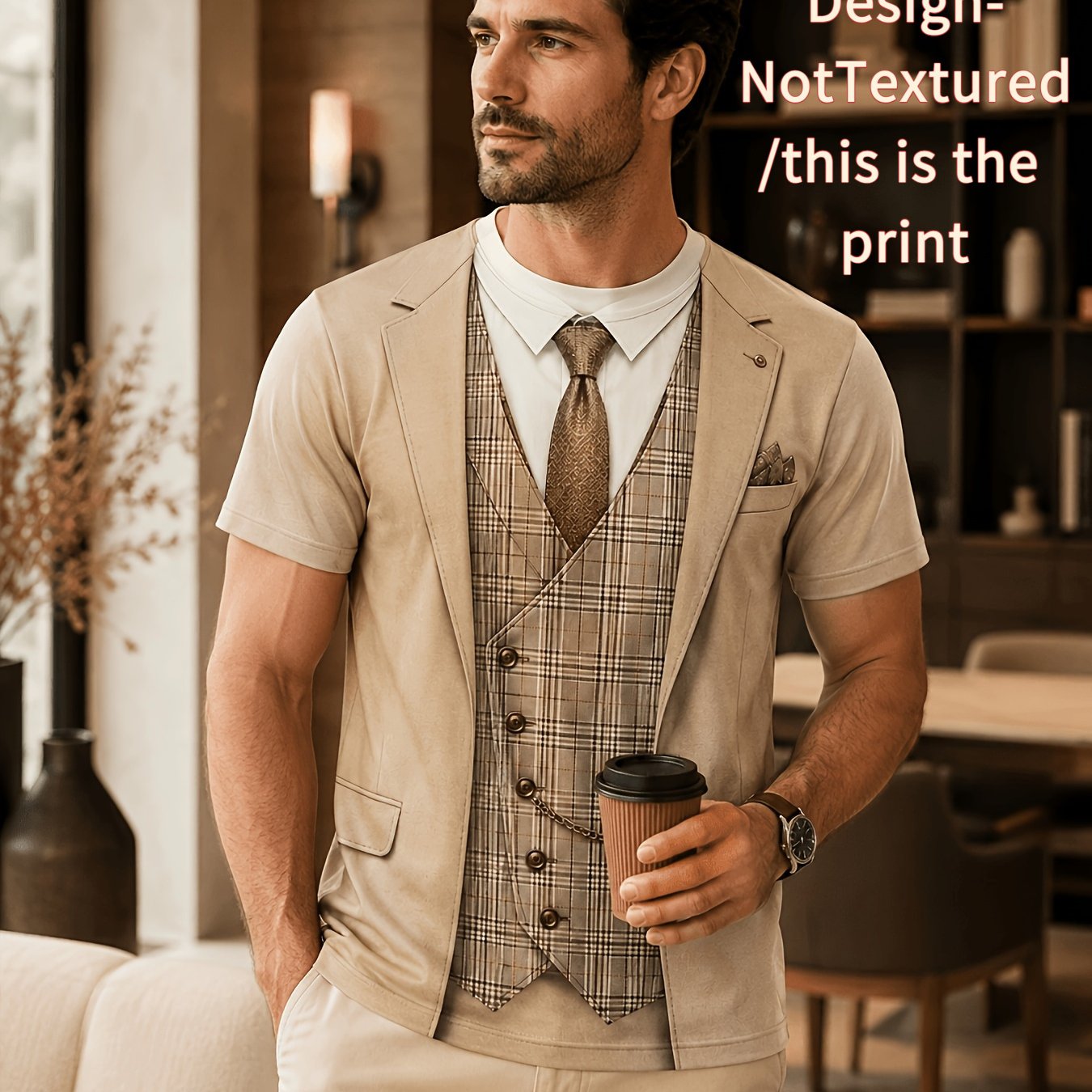 TEMU Men's Casual T-shirt, 's Khaki Suit And Tie Pattern Print T-shirt Vest Fake Two-piece Set Print Business Round Neck Top, Plus Size
