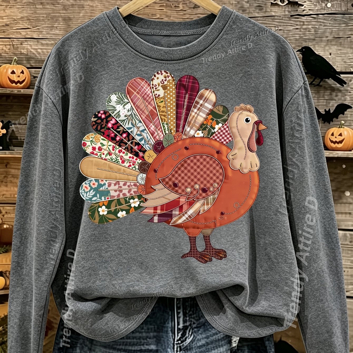 TEMU Plus Size, Plus Size Oversized Vintage Turkey Print T-shirt - Soft Loose Fit Round Neck Long Sleeve Suitable For /thanksgiving Apparel, Fall